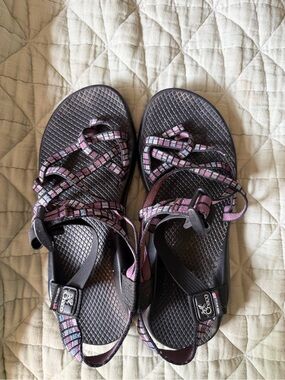 Chaco Women's Black Sandals with blue & Purple Patterned Straps